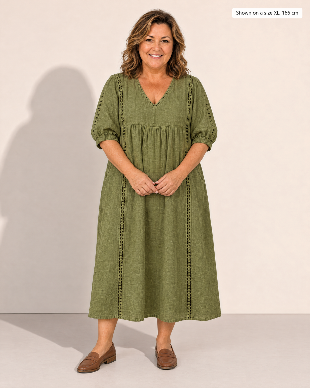 Annelise Lace Trim Midi Dress - Adeline studio, shown on a size XL, 166 cm