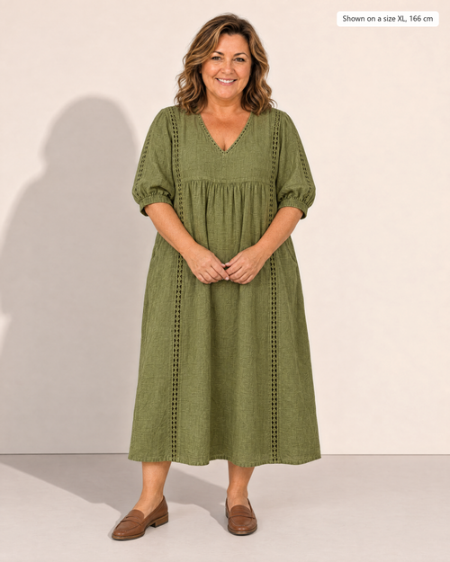 Annelise Lace Trim Midi Dress - Adeline studio, shown on a size XL, 166 cm