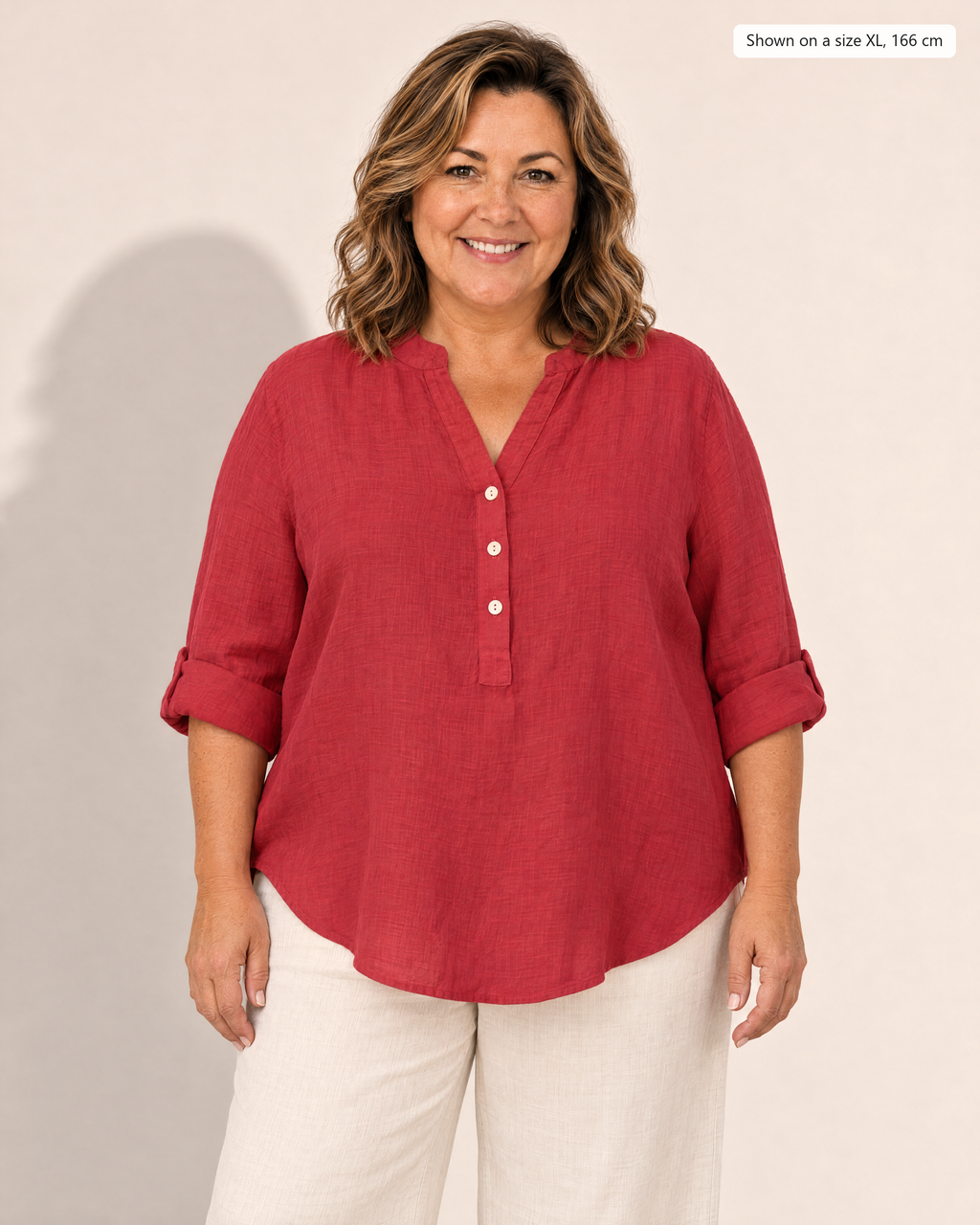 Elodie Relaxed Cotton-Linen Blouse - Adeline studio, shown on a size XL, 166 cm