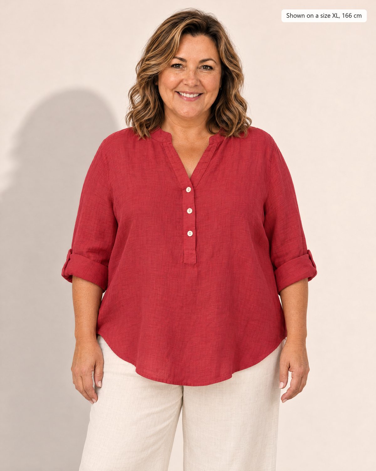 Elodie Relaxed Cotton-Linen Blouse - Adeline studio, shown on a size XL, 166 cm