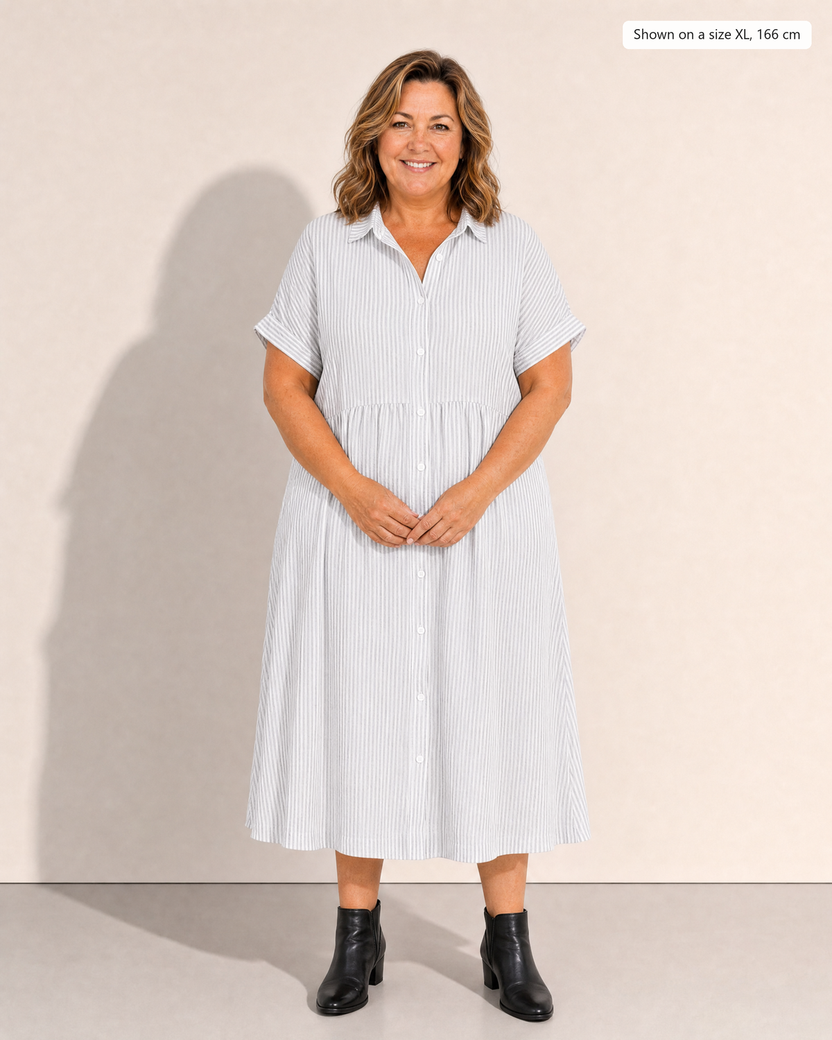 Emilia Striped Day Dress - Adeline studio, shown on a size XL, 166 cm