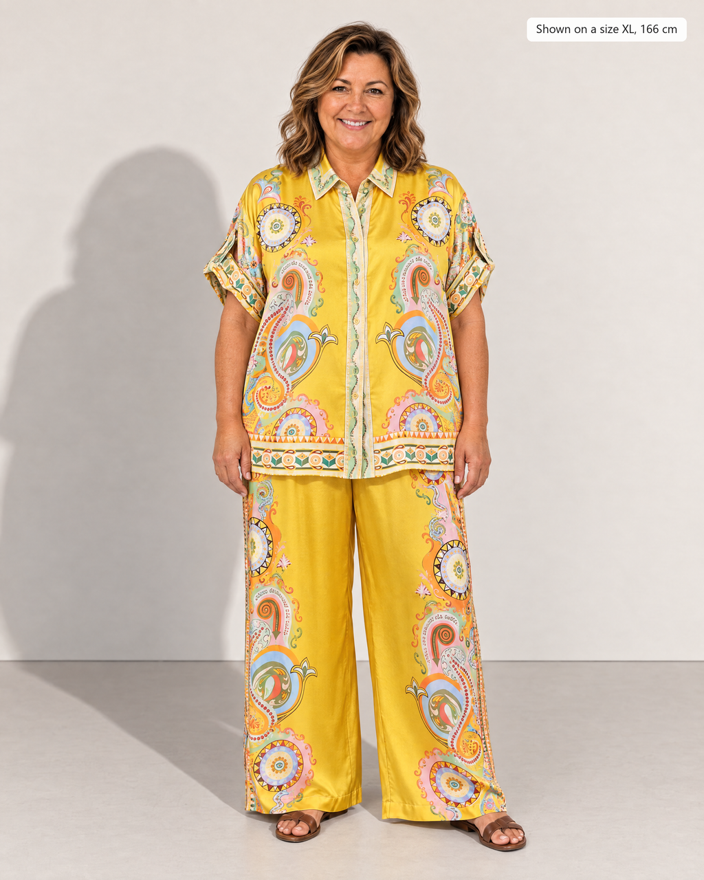 Penelope Paisley Satin Shirt and Pants Set - Adeline studio, shown on a size XL, 166 cm