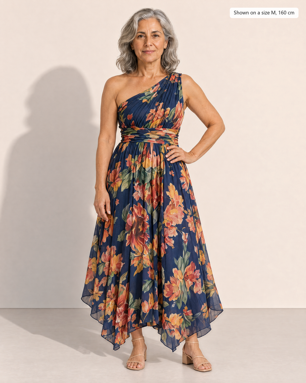 Briony One-Shoulder Floral Maxi Dress - Adeline studio, shown on a size M, 160 cm