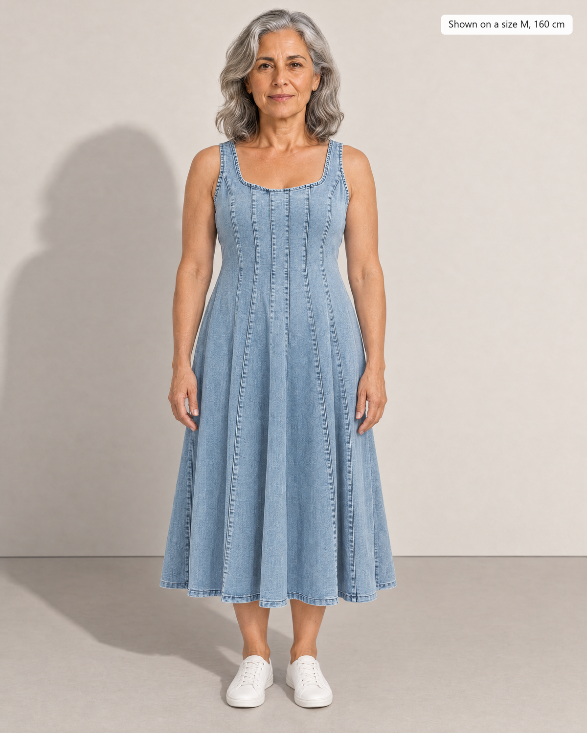 Rowan Effortless Denim Midi Dress - Adeline studio, shown on a size M, 160 cm