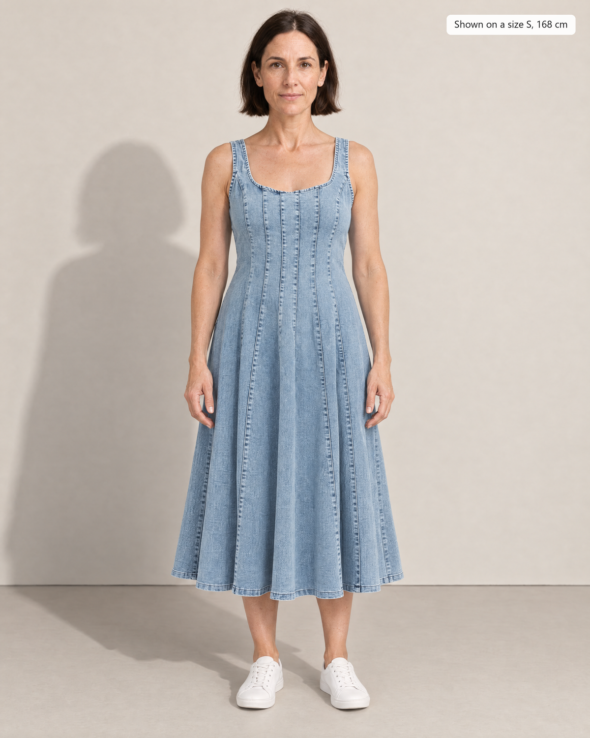 Rowan Effortless Denim Midi Dress - Adeline studio, shown on a size S, 168 cm