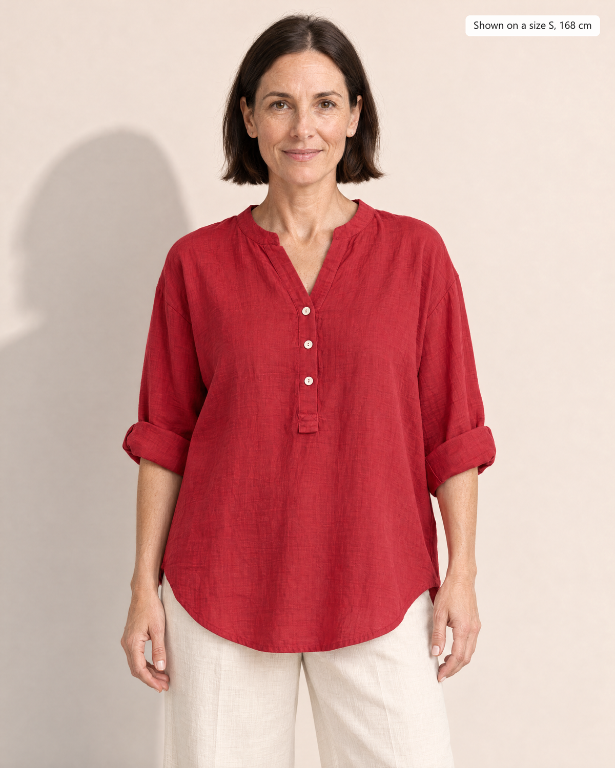 Elodie Relaxed Cotton-Linen Blouse - Adeline studio, shown on a size S, 168 cm