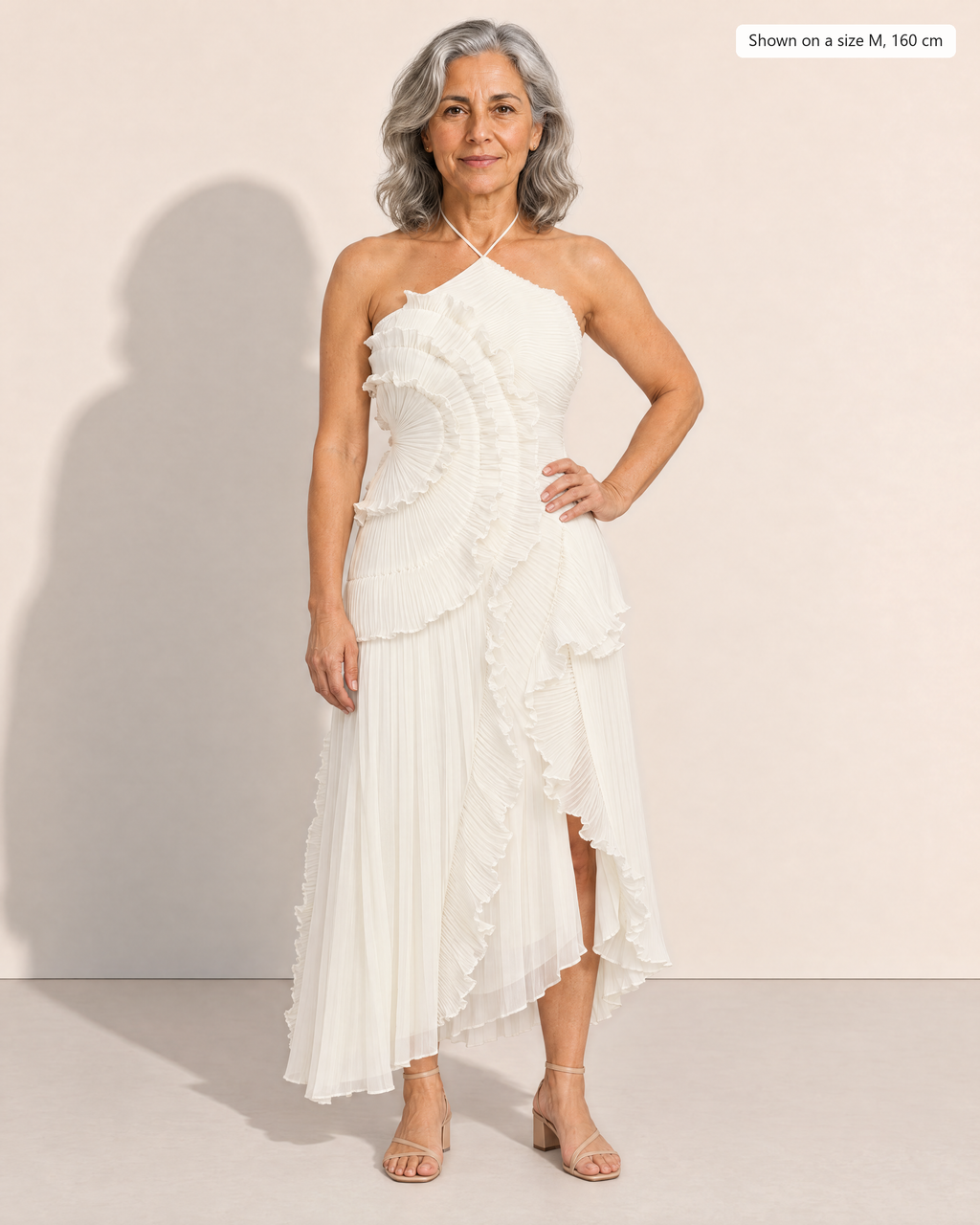 Cassia Chic Pleated Halter Midi Dress - Adeline studio, shown on a size M, 160 cm