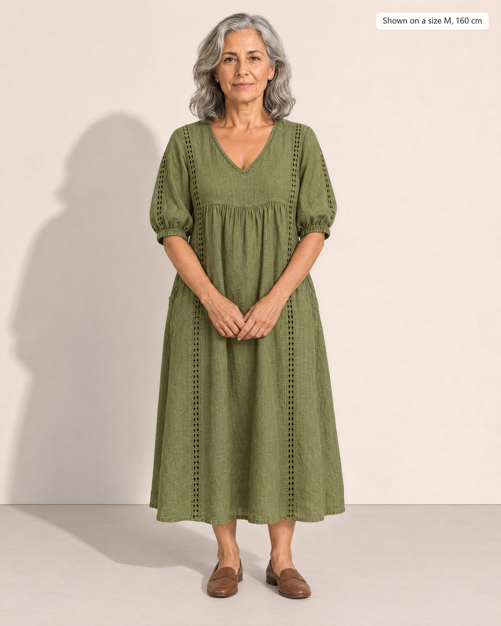 Annelise Lace Trim Midi Dress - Adeline studio, shown on a size M, 160 cm