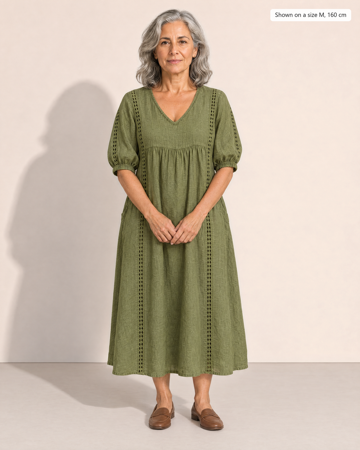 Annelise Lace Trim Midi Dress - Adeline studio, shown on a size M, 160 cm