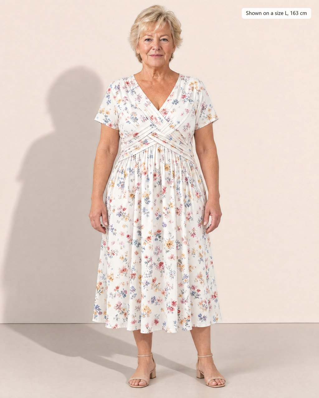 Estelle Elegant Floral Midi Dress - Adeline studio, shown on a size L, 163 cm