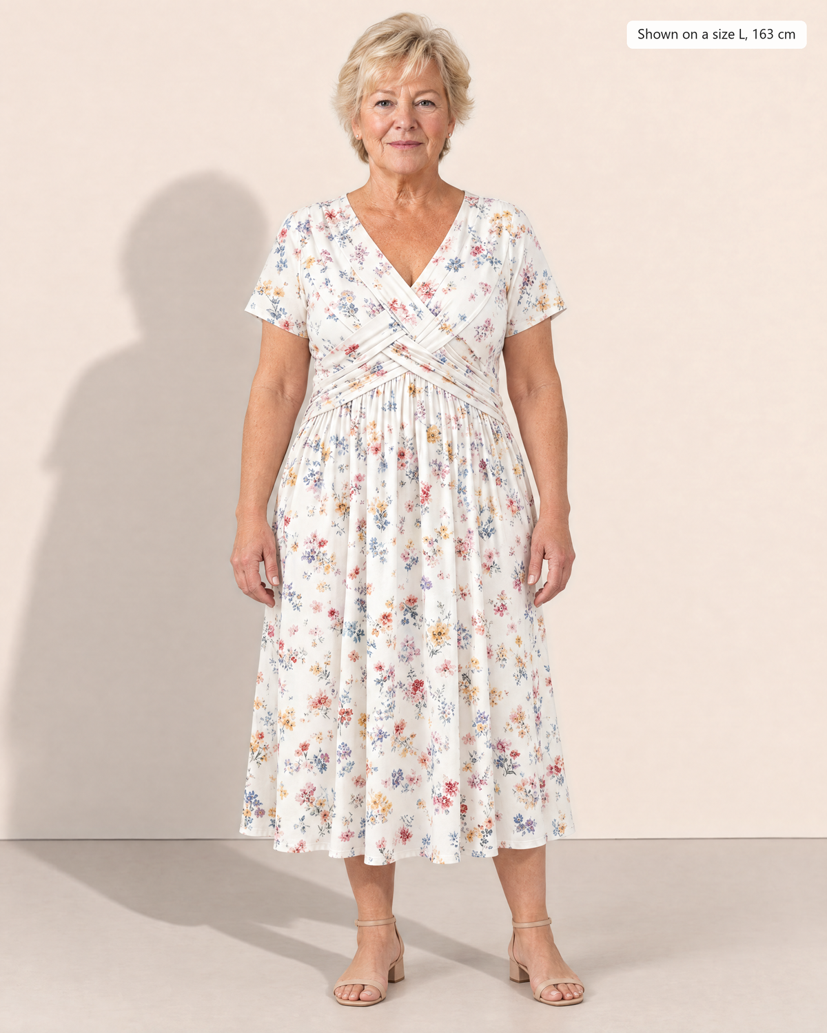 Estelle Elegant Floral Midi Dress - Adeline studio, shown on a size L, 163 cm