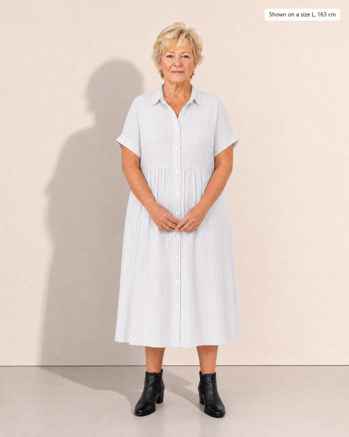 Emilia Striped Day Dress - Adeline studio, shown on a size L, 163 cm