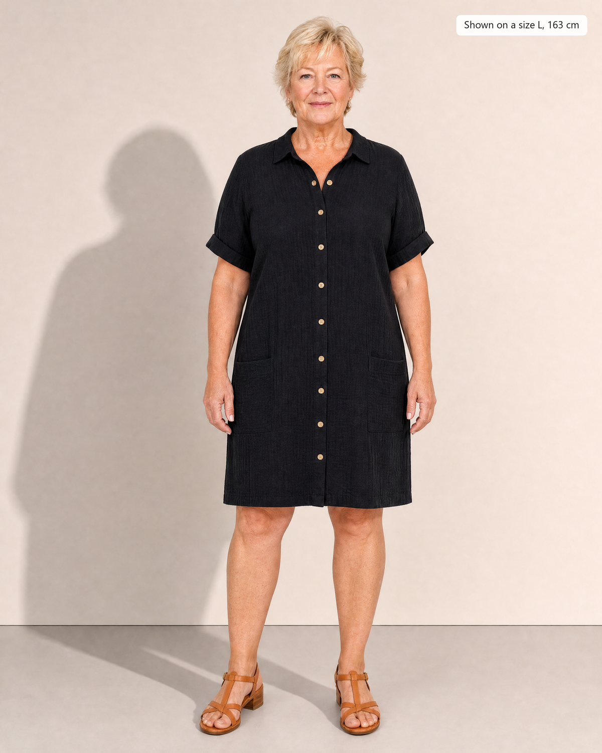 Kelsey Button Up Pocket Mini Shirt Dress - Adeline studio, shown on a size L, 163 cm