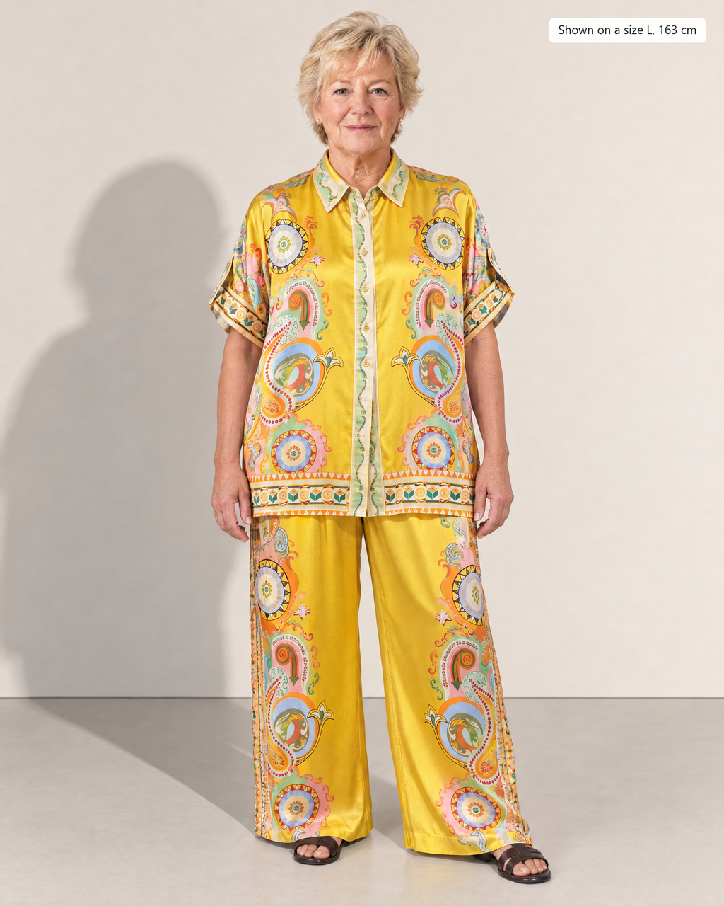Penelope Paisley Satin Shirt and Pants Set - Adeline studio, shown on a size L, 163 cm