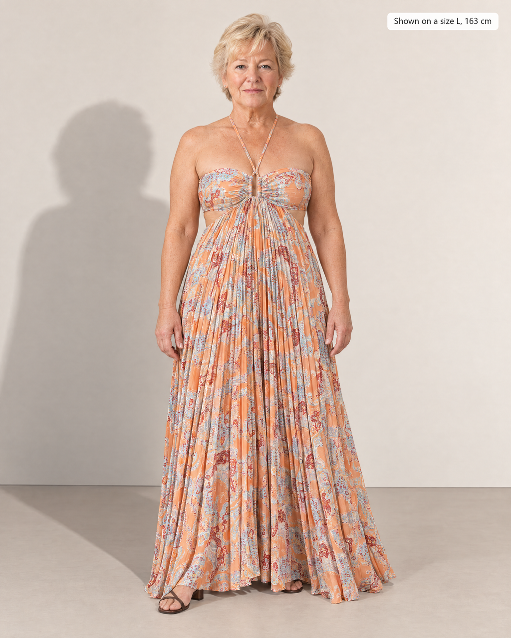 Adelaide Halter Neck Maxi Dress - Adeline studio, shown on a size L, 163 cm