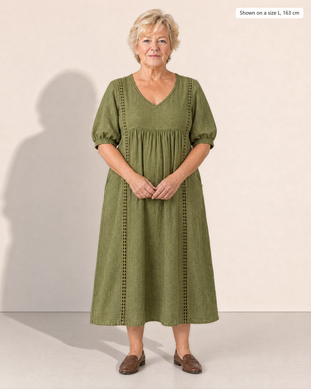 Annelise Lace Trim Midi Dress - Adeline studio, shown on a size L, 163 cm