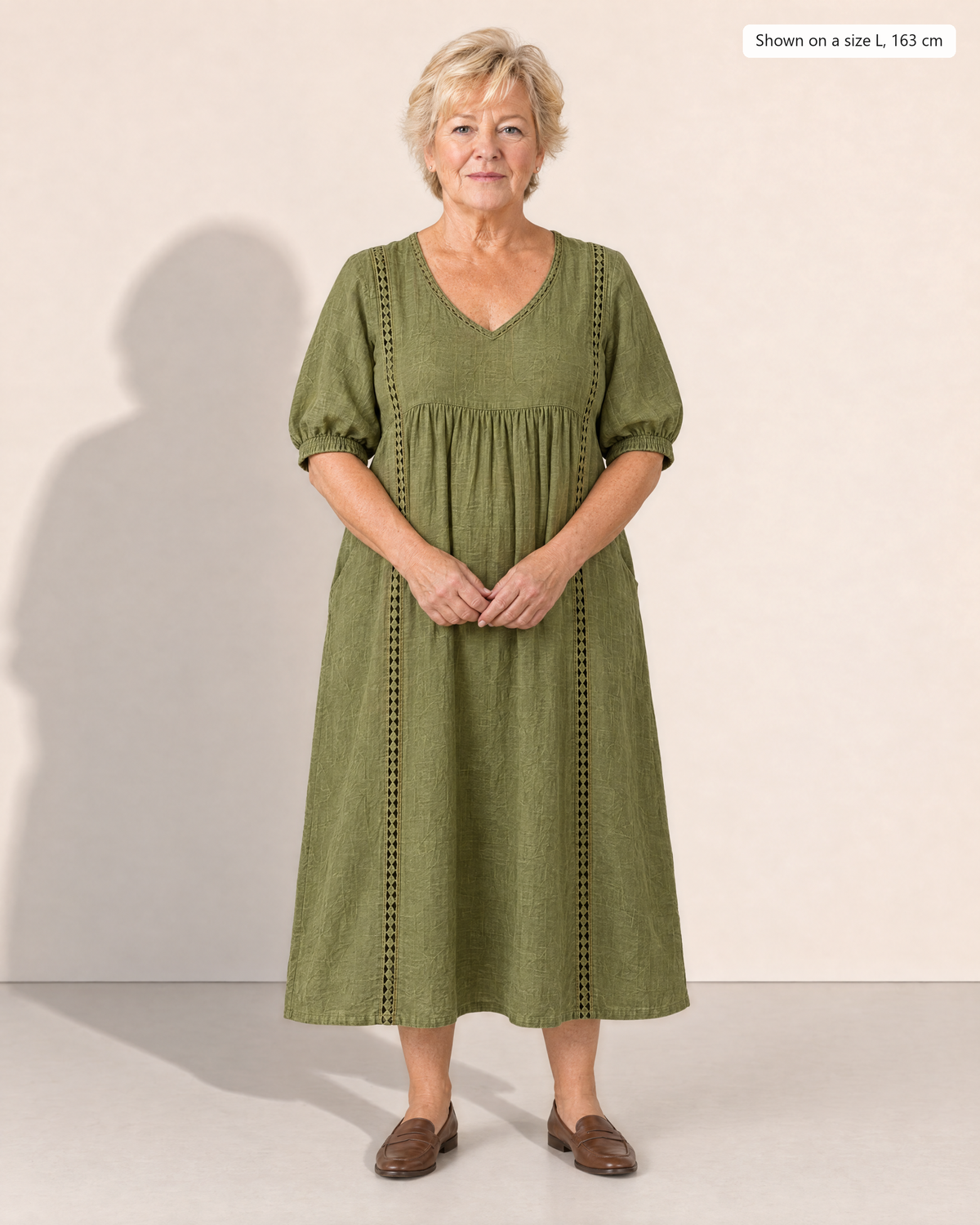 Annelise Lace Trim Midi Dress - Adeline studio, shown on a size L, 163 cm