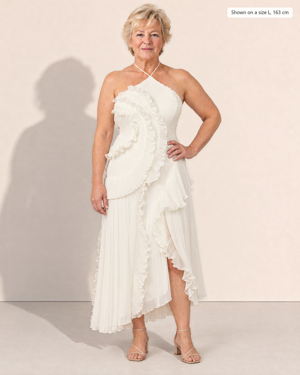 Cassia Chic Pleated Halter Midi Dress - Adeline studio, shown on a size L, 163 cm