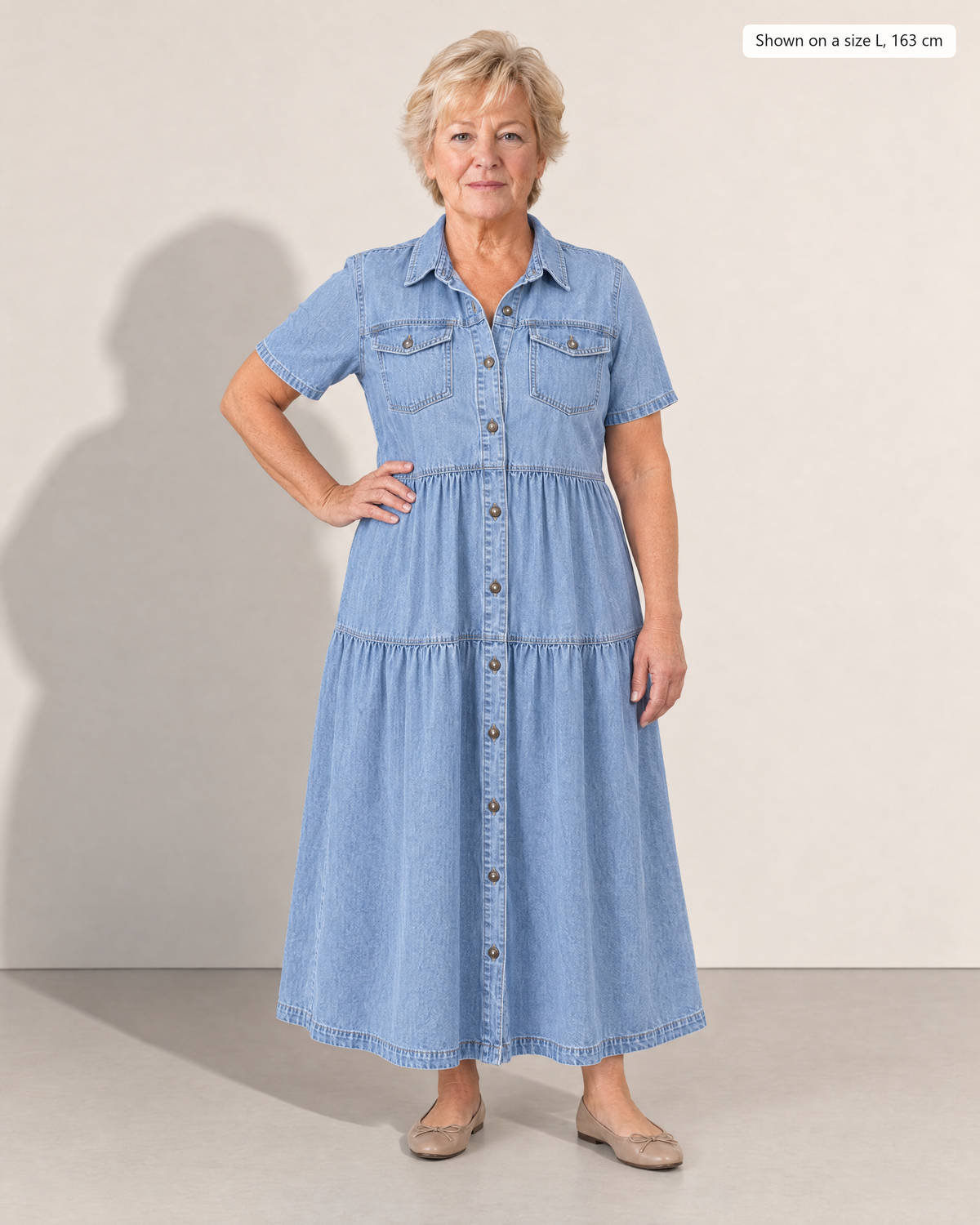 Aurelia Effortless Button-Front Dress - Adeline studio, shown on a size L, 163 cm