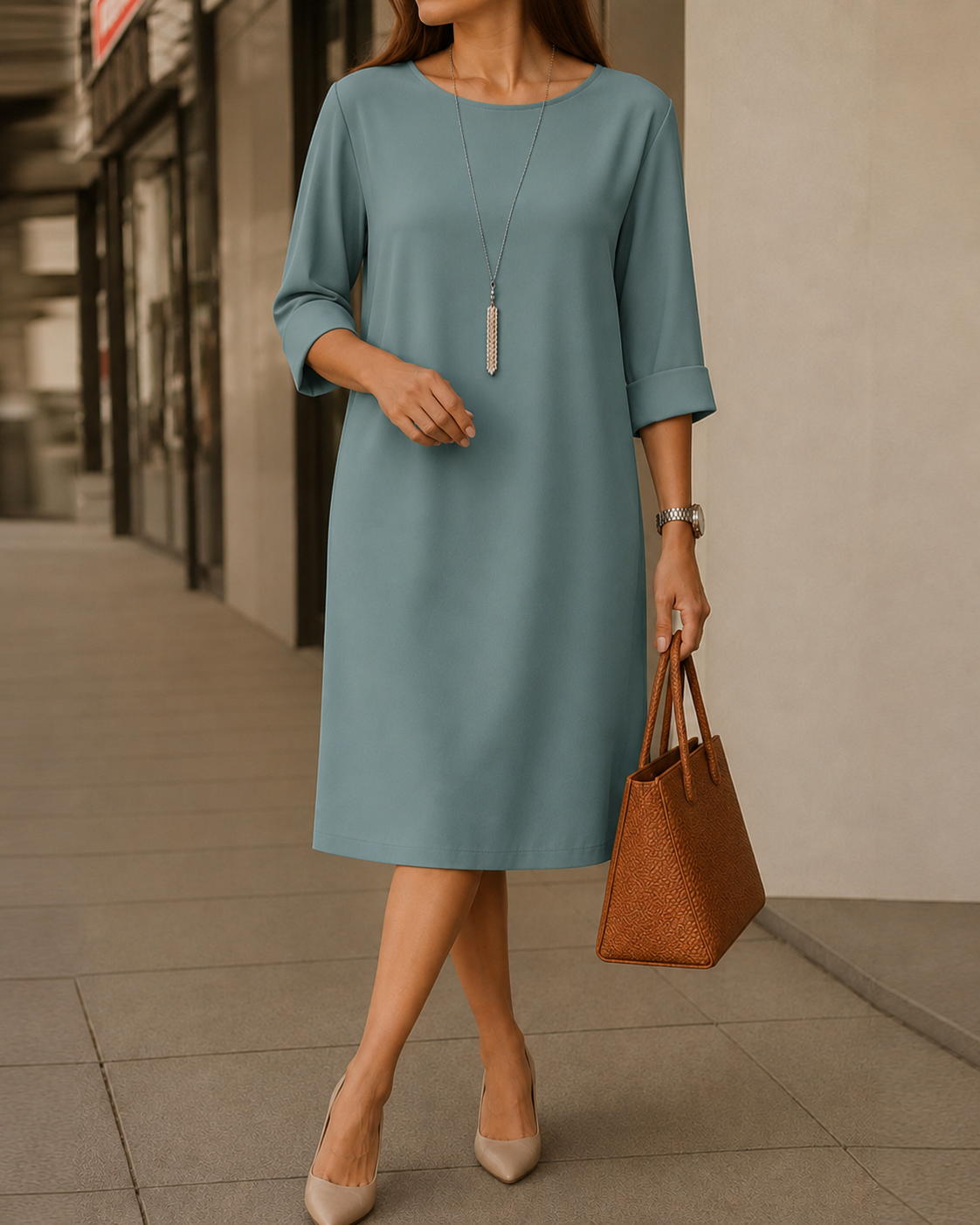 Linnea midi dress in wine red, styled with simple accessories for a polished yet relaxed look that flatters.