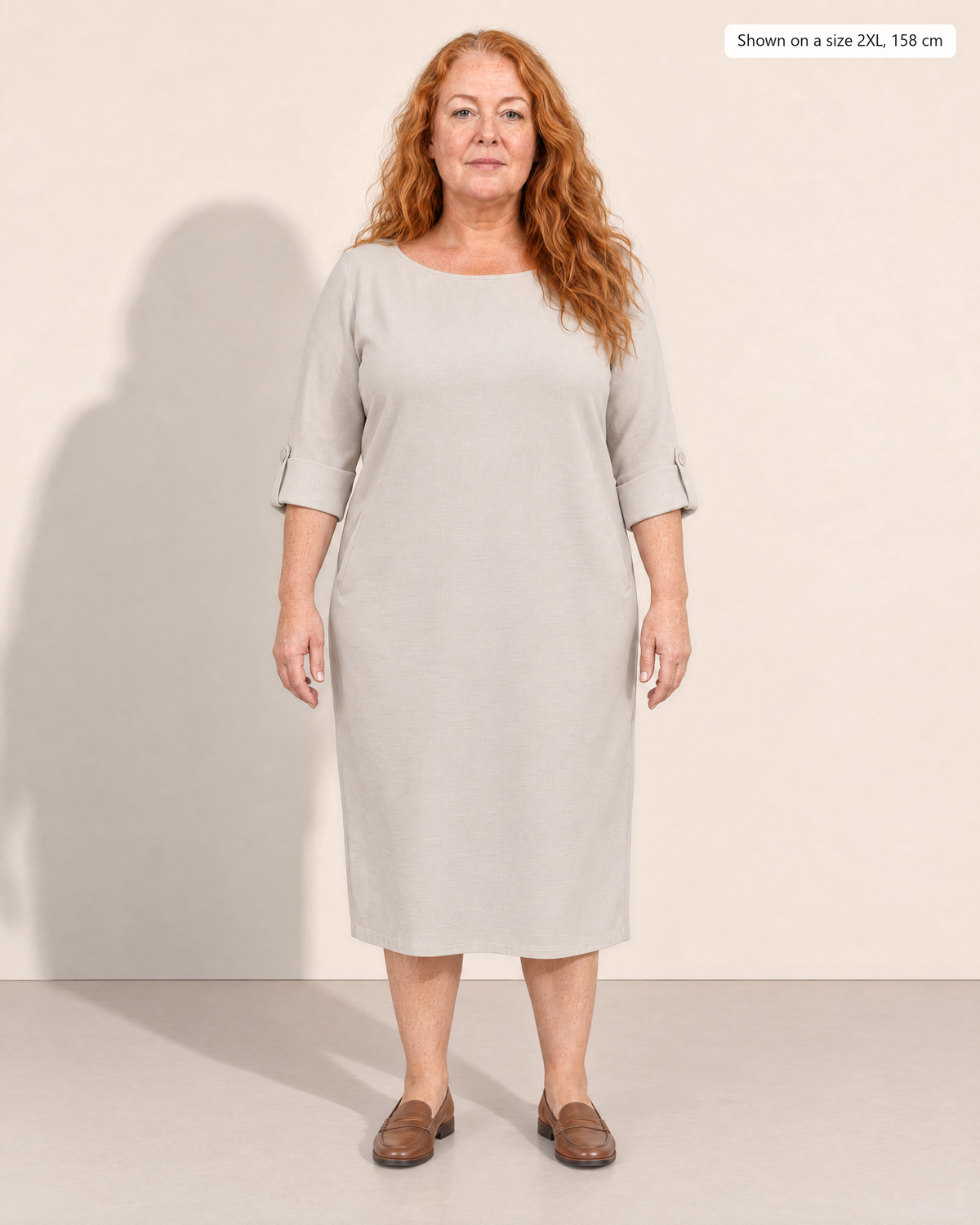 Linnea Effortless Midi Dress - Adeline studio, shown on a size 2XL, 158 cm