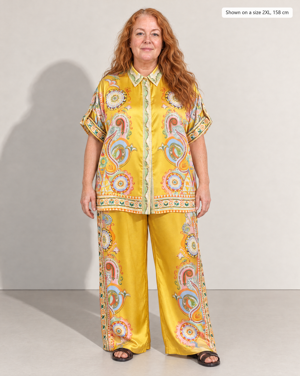 Penelope Paisley Satin Shirt and Pants Set - Adeline studio, shown on a size 2XL, 158 cm