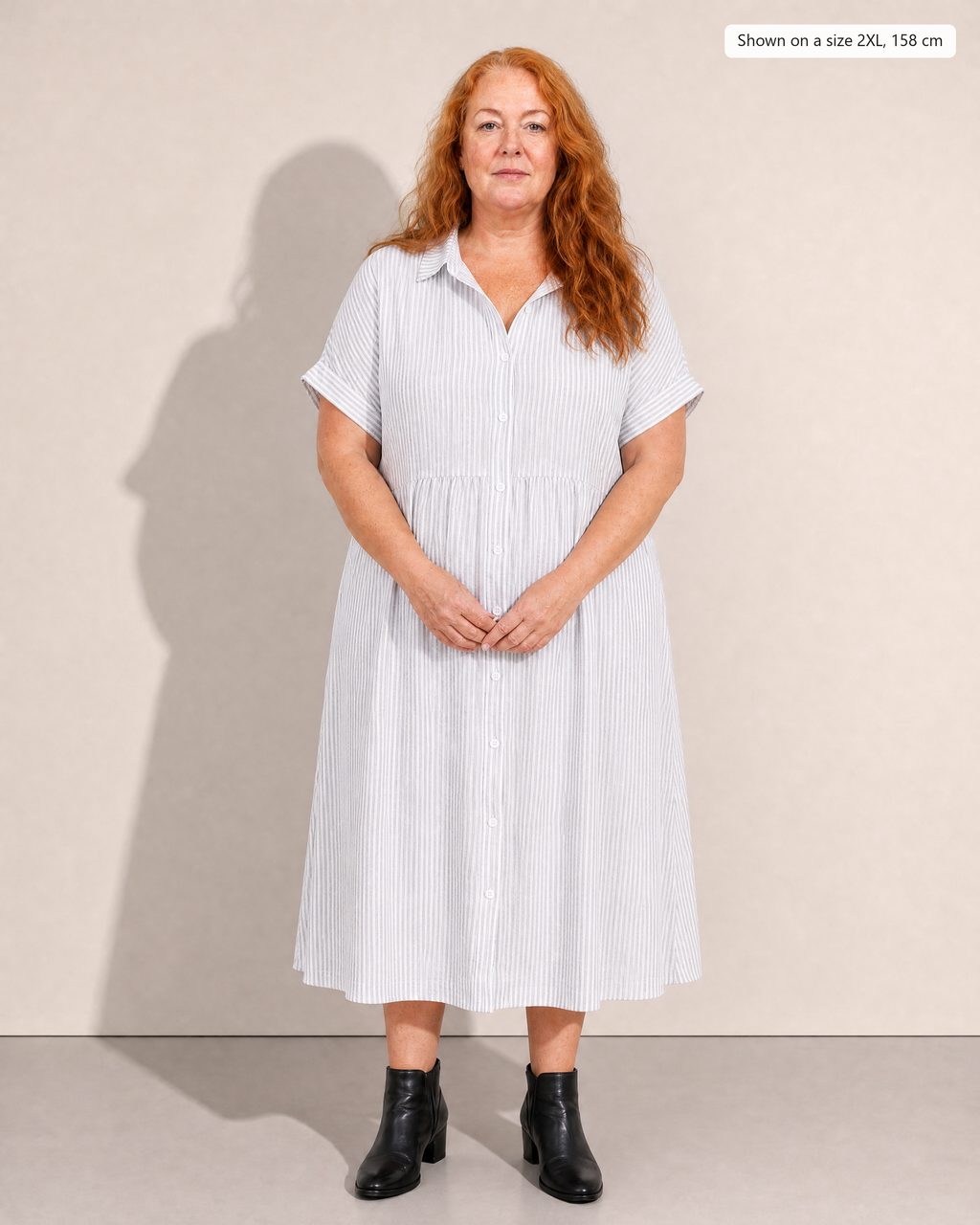 Emilia Striped Day Dress - Adeline studio, shown on a size 2XL, 158 cm