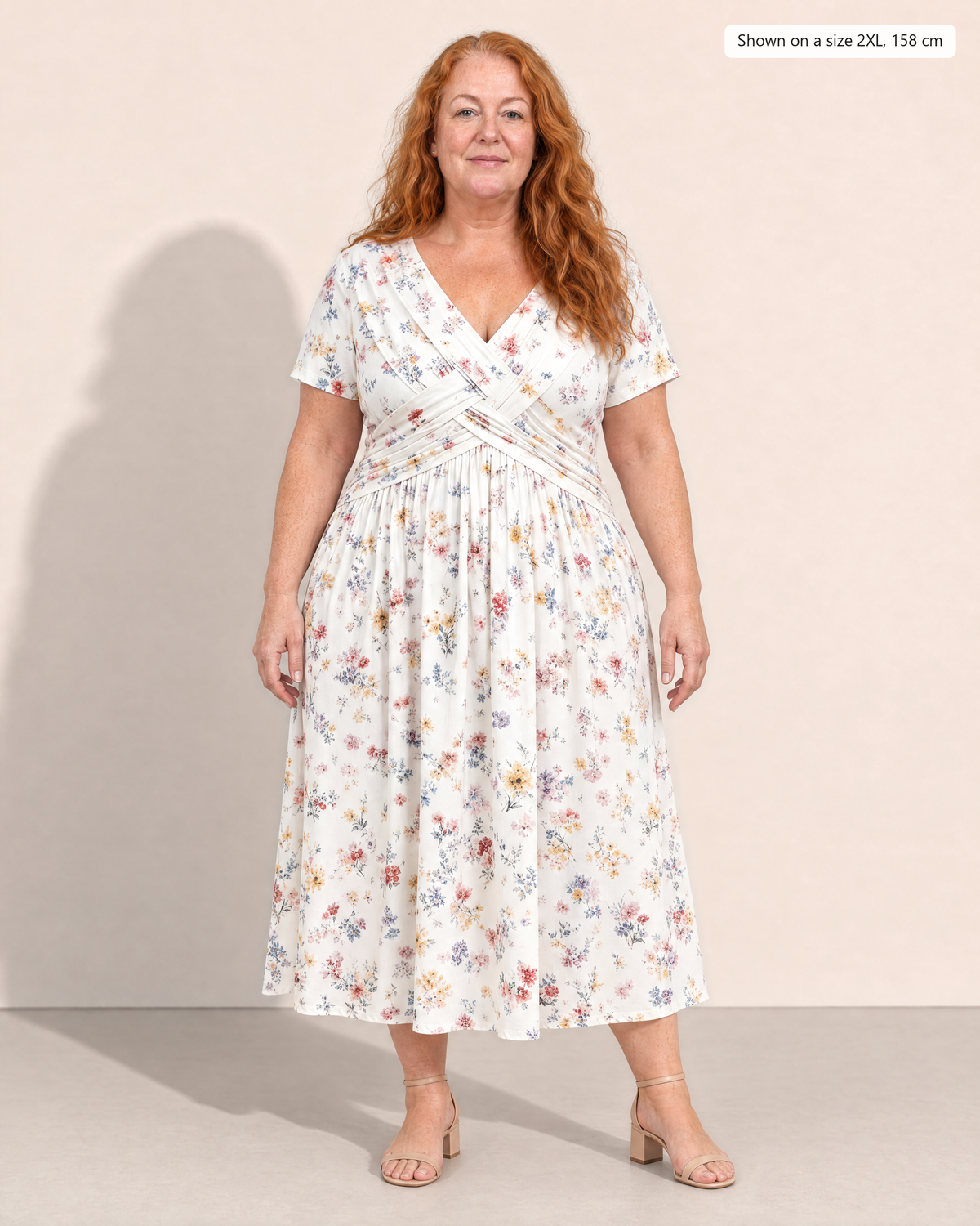 Estelle Elegant Floral Midi Dress - Adeline studio, shown on a size 2XL, 158 cm