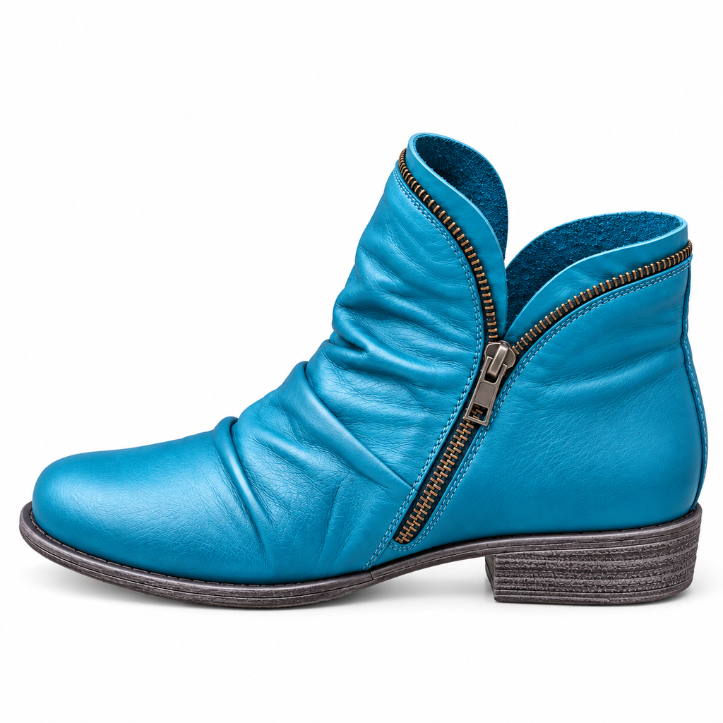 Detail shot of the shock-absorbing sole on a red boot, emphasizing its cushioning for all-day support.