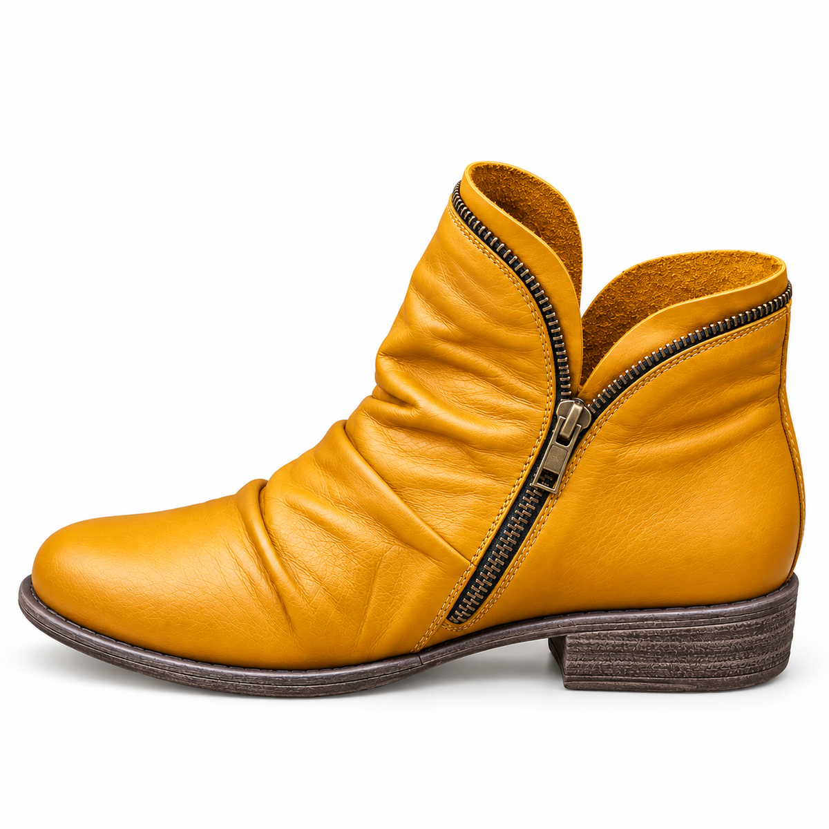 A blue ankle boot styled with casual attire, perfect for adding a pop of color and comfort to any look.