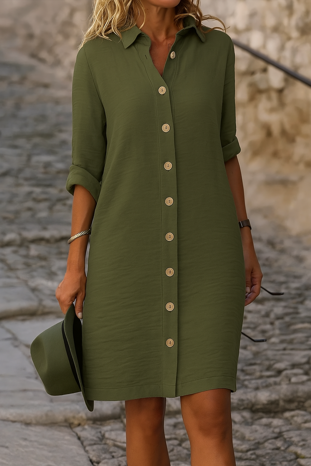Side profile of a woman wearing the green linen summer dress, showcasing the relaxed fit and knee-length hem.