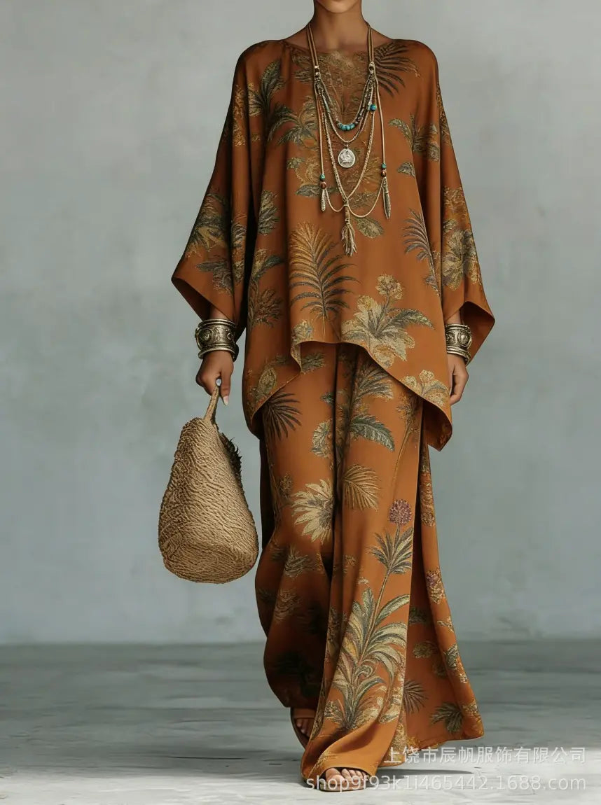 Lifestyle shot of a woman wearing the stylish wide-leg trousers while enjoying a relaxed outdoor gathering.