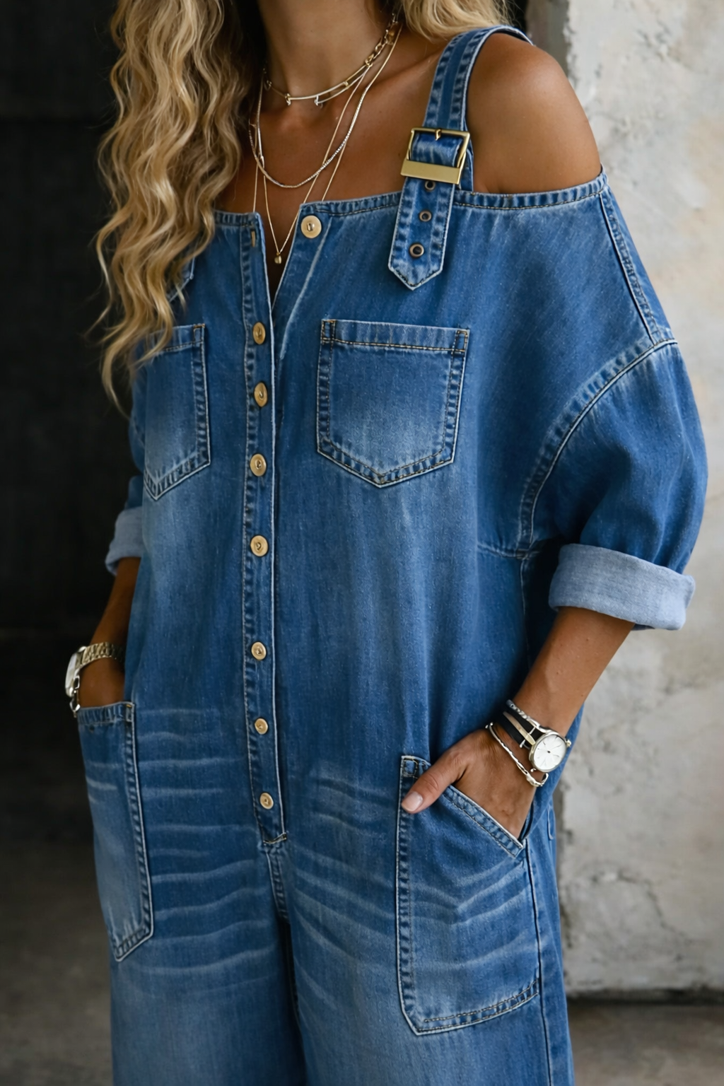 Sienna Off-Shoulder Denim Jumpsuit 1