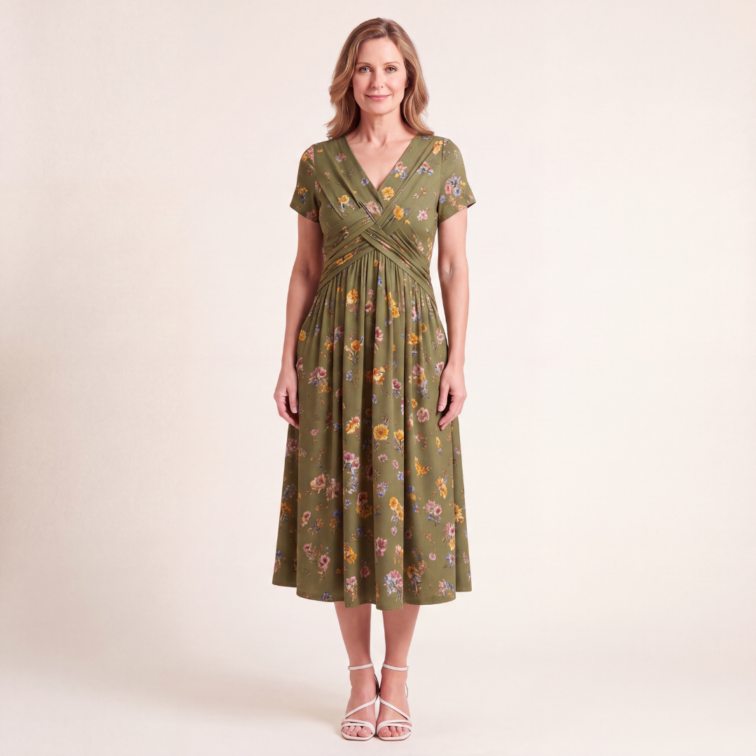 Side profile of the woman wearing the floral twist dress, highlighting the flow of the skirt and the practical side seam pockets.