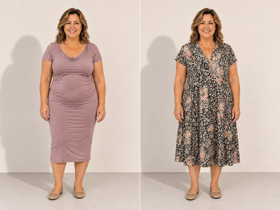 The same woman in a clingy thin dress and in an Adeline Wear midi that skims