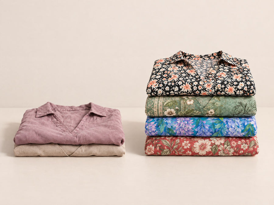 Two thin folded dresses beside a stack of four Adeline Wear dresses