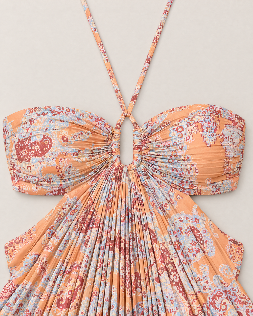 Adelaide Halter Neck Maxi Dress - detail of the neckline, Orange Paisley