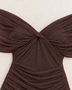 Belinda Maxi Dress - detail of the neckline, Brown