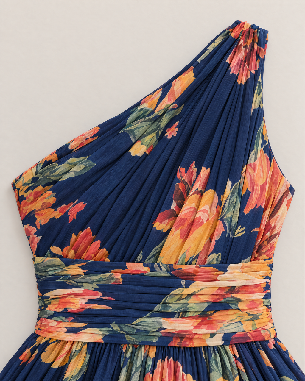 Briony One-Shoulder Floral Maxi Dress - detail of the neckline, Navy