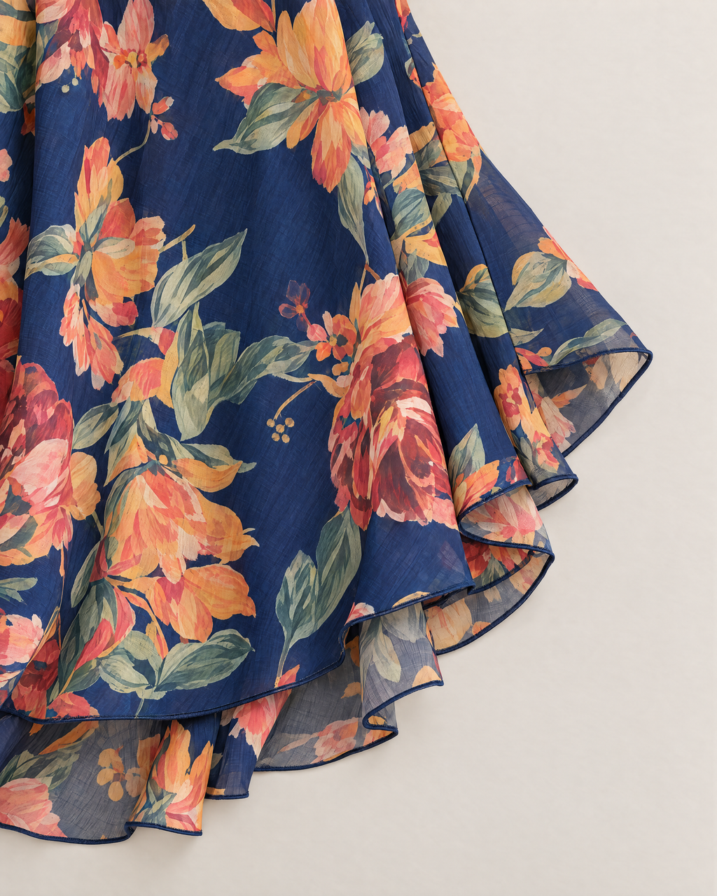 Briony One-Shoulder Floral Maxi Dress - detail of the fabric and side edge, Navy