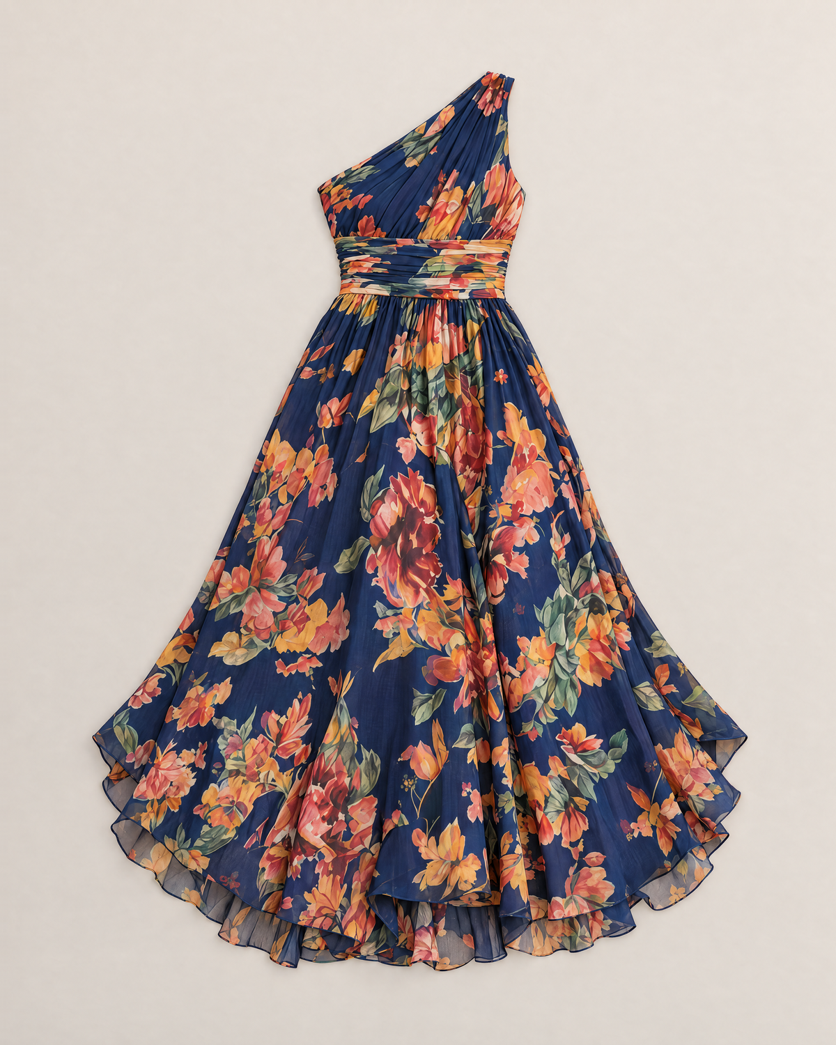 Briony One-Shoulder Floral Maxi Dress - Navy flat lay