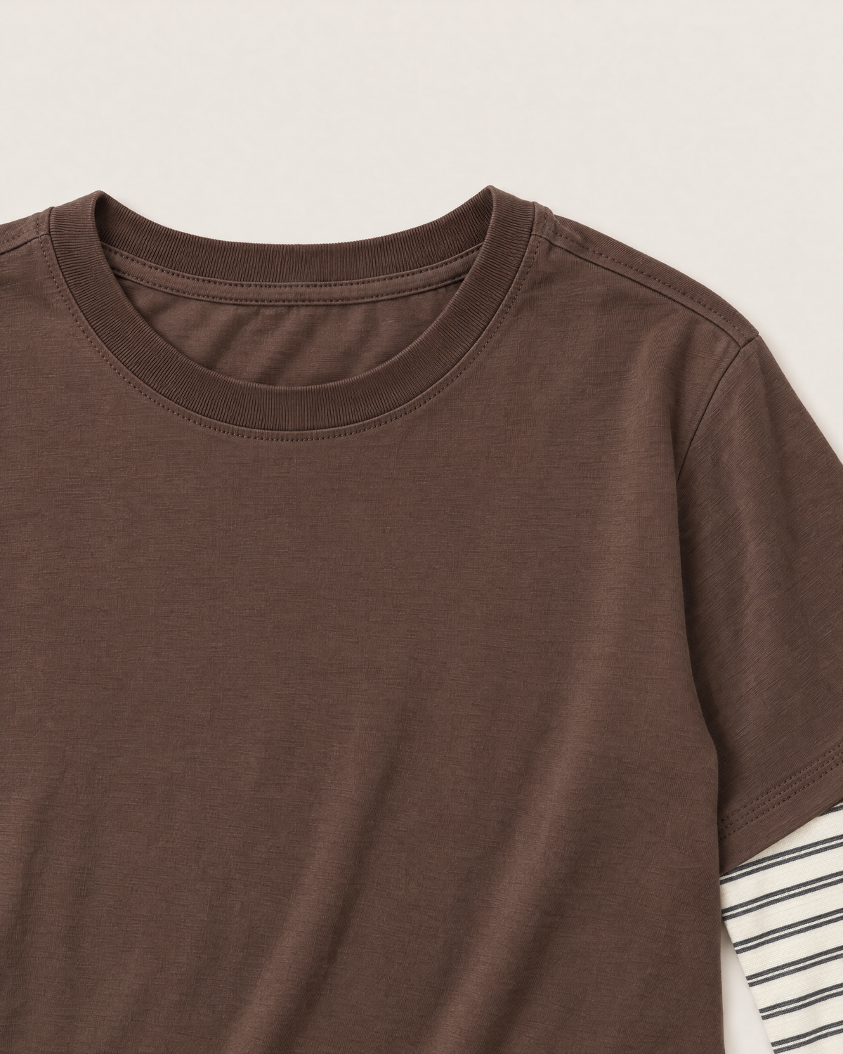 Calla Layered Look T-shirt - detail of the neckline, Chocolate Stripe
