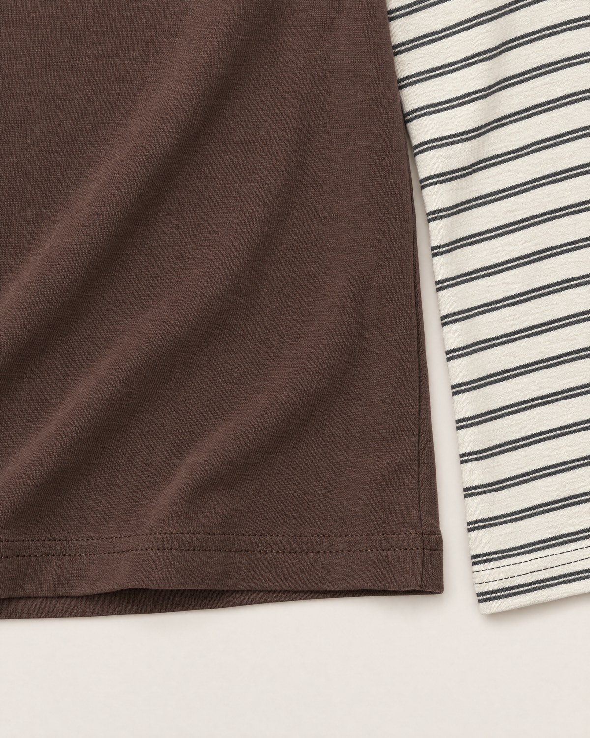 Calla Layered Look T-shirt - detail of the fabric and hem, Chocolate Stripe