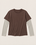 Calla Layered Look T-shirt - Chocolate Stripe flat lay