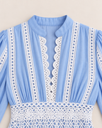 Callista Elegant Lantern Sleeve Dress - detail of the neckline, Blue
