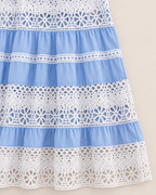 Callista Elegant Lantern Sleeve Dress - detail of the fabric and side edge, Blue
