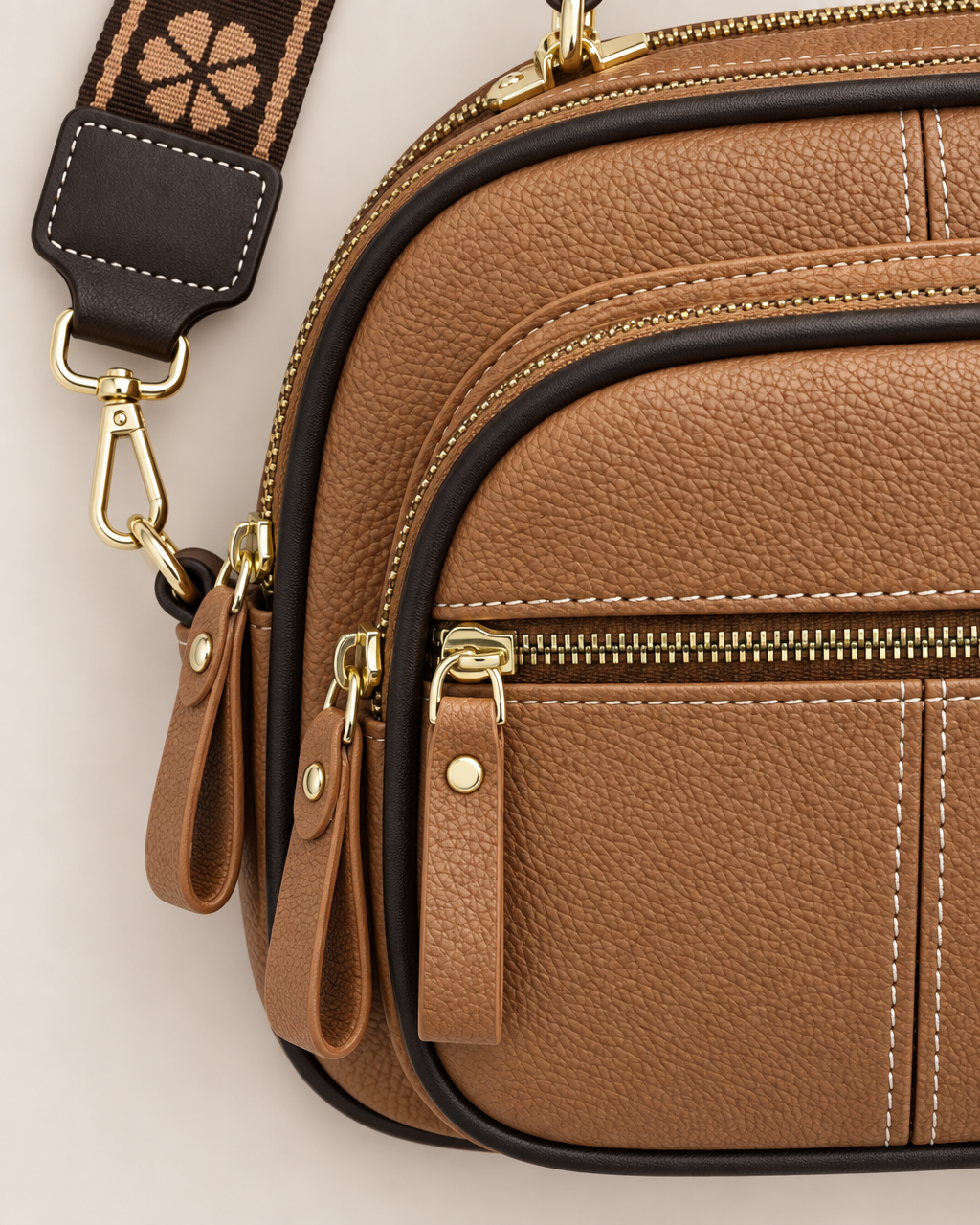 Elara Chic Everyday Bag - detail of the material and strap attachment, Khaki