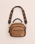 Elara Chic Everyday Bag - Khaki flat lay, two top zips, zipped front pocket and wide patterned strap