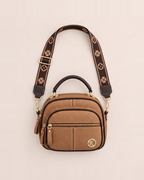 Elara Chic Everyday Bag - Khaki flat lay, two top zips, zipped front pocket and wide patterned strap