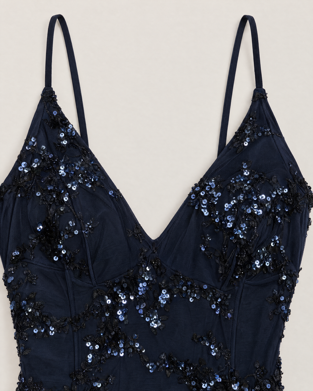 Elowen Sparkling Maxi Dress - detail of the neckline, Navy